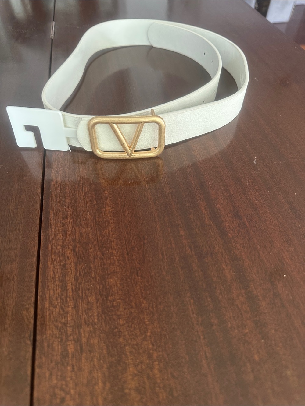 White Leather Belt with Gold V Logo Buckle